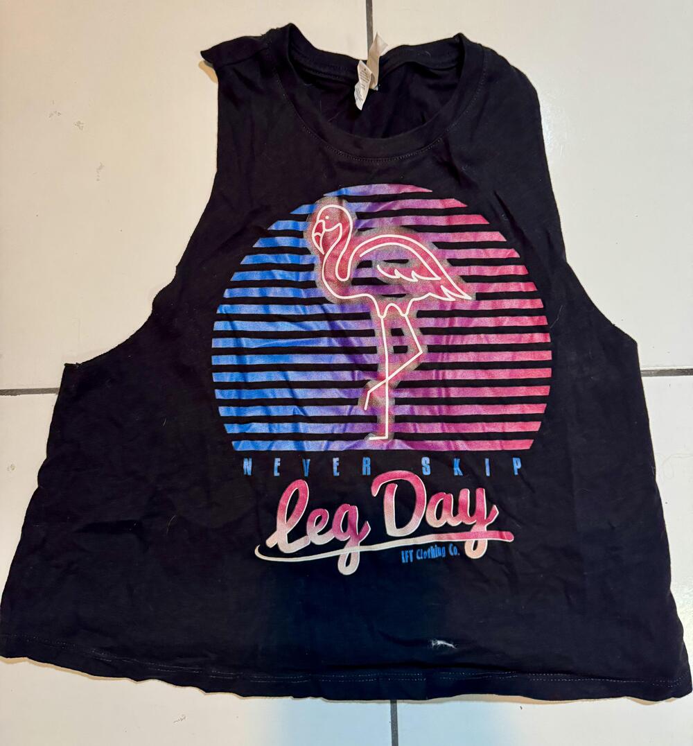 Bella + Canvas Tank Top Womens Medium Black Flamingo Leg Day Gym Crop Workout
